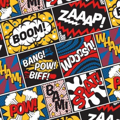 Vignette in stile fumetto con le onomatopee BOOM, ZAAAP, POW e SPLAT