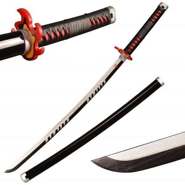 Riproduzione della katana Nichirin di Tanjiro Kamado da Demon Slayer, lama nera e impugnatura rossa, su fondo bianco