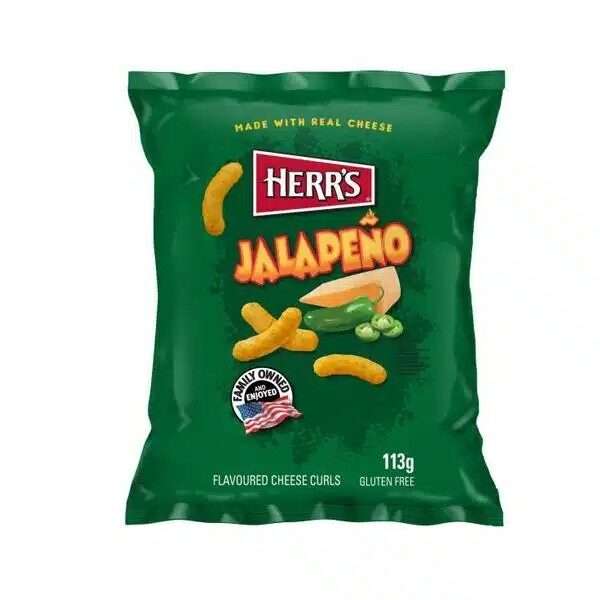 Confezione di Herr's Jalapeño Curls da 113 grammi, snack americano al mais